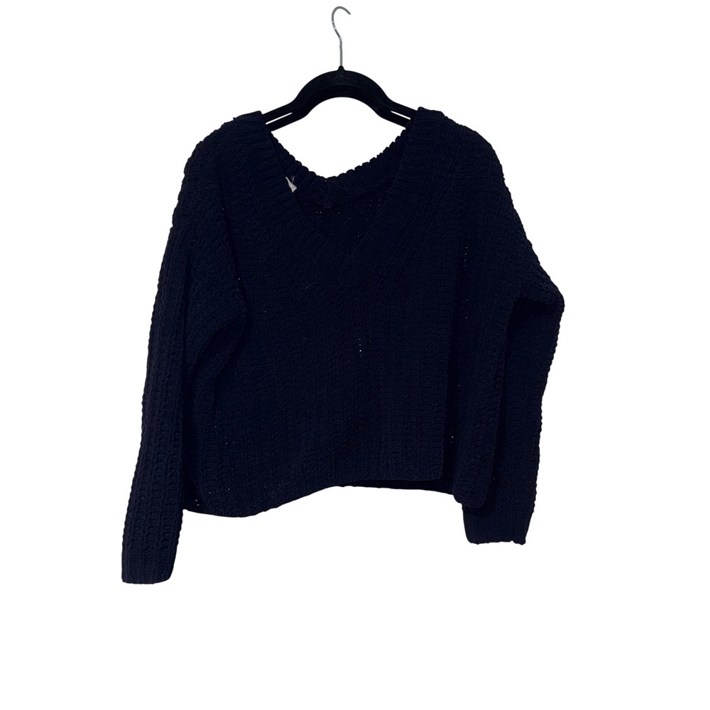 Garage V-Neck Cropped Sweater Womens XS Navy Blue Chunky Knit